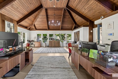 A living room with a grey rug and a wooden ceiling.