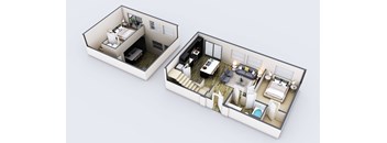 A 3D floor plan of a two bedroom apartment.