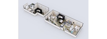 A 3D floor plan of a two-bedroom apartment.
