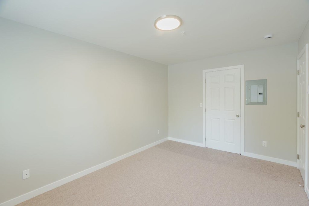 A room with a white door and carpeted floor.