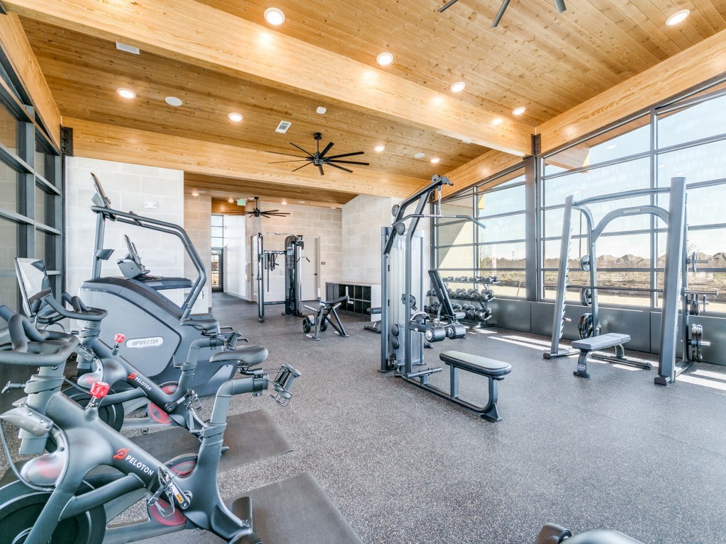 the gym has plenty of exercise equipment and large windows