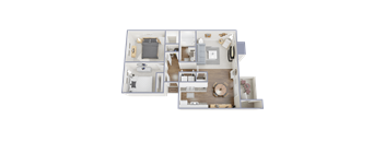 A detailed 3D floor plan of a house layout.