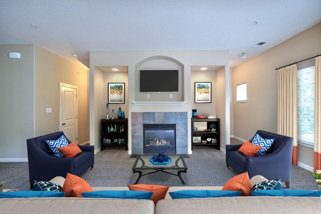 Washougal, WA Lookout at the Ridge Apartments Bedroom staged living room with fireplace
