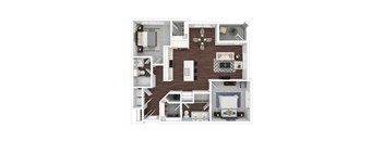 A 3D floor plan of a house with multiple rooms and furniture.