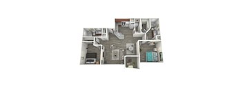 A 3D floor plan of a house with a kitchen, living room, and bathroom.
