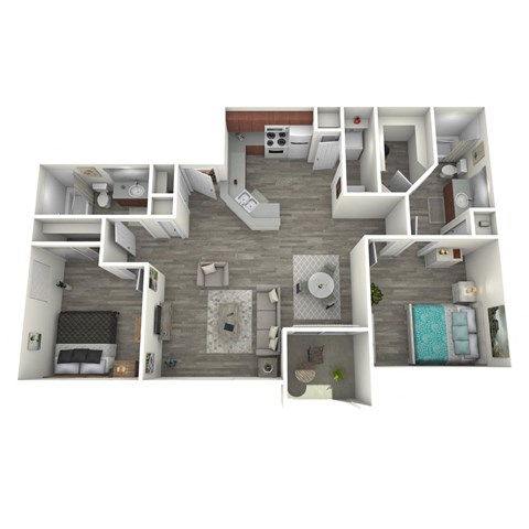 A 3D floor plan of a house with a kitchen, living room, and bathroom.