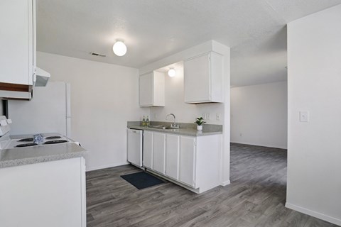 A kitchen with white cabinets and a granite countertop.