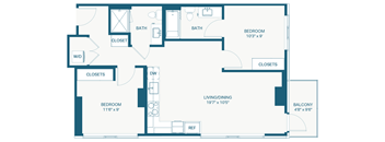 A floor plan of an apartment with two bedrooms, a living room, a dining room, a bathroom, a closet, and a balcony.