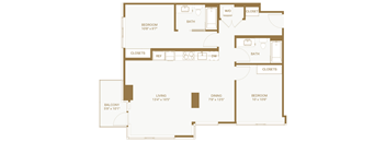 A floor plan of a house with a living room, dining room, two bedrooms, a bathroom, a balcony, and closets.