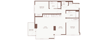 A floor plan of a house with a living room, dining room, two bedrooms, a bathroom, a closet, and a balcony.