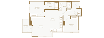 A floor plan of a house with a balcony, two bedrooms, a living room, a dining room, two bathrooms, a closet, and a laundry room.