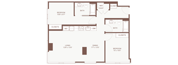 A floor plan of a house with a living room, dining room, two bedrooms, a bathroom, and closets.