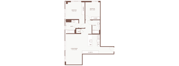 A floor plan of a house with two bedrooms, two bathrooms, a living/dining area, a study, and two closets.