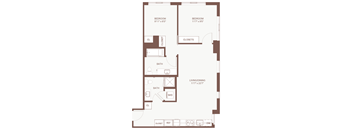 A floor plan of a house with two bedrooms, a living/dining area, a bathroom, a kitchen, a closet, a cloakroom, a utility room, and a laundry area.