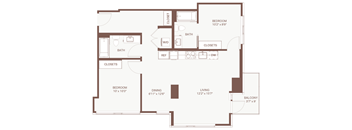 A floor plan of a house with a bedroom, bathroom, dining area, living room, and closets.