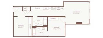 A floor plan of a house with two bedrooms, a living area, and closets.