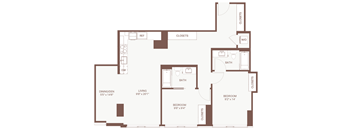 A floor plan of an apartment with a living area, dining area, two bedrooms, a bathroom, and closets.