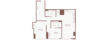 A floor plan of a house with two bedrooms, a living/dining area, a bathroom, a laundry area, and closets.
