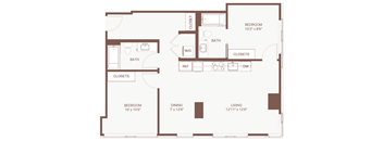 A floor plan of a small apartment with a bedroom, bathroom, dining area, living room, and closets.