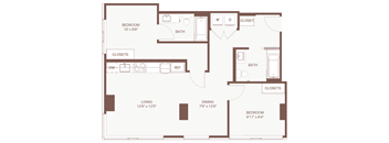 A floor plan of a house with a living room, dining room, two bedrooms, a bathroom, and closets.