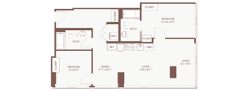 A floor plan of a house with a living room, dining room, two bedrooms, a bathroom, a laundry room, and a workshop.