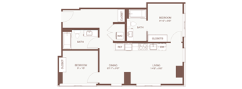 A floor plan of a small apartment with a living area, two bedrooms, a bathroom, a dining area, and a kitchen.