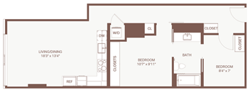 A floor plan of a small apartment with a living room, two bedrooms, a bathroom, and a kitchen.