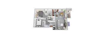 A 3D floor plan of a house showing a living room, kitchen, and two bedrooms.