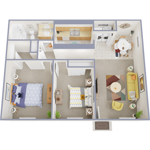 A top-down view of a house interior with a living room, dining area, kitchen, and bedrooms.