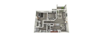 A 3D rendered image of a modern apartment layout.