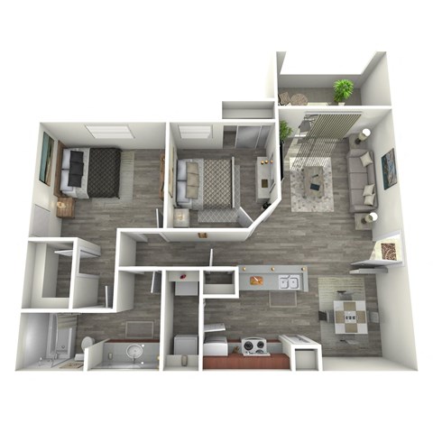 A 3D rendered image of a modern apartment layout.