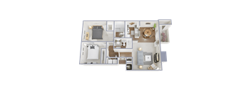 A detailed 3D floor plan of a two-bedroom apartment.