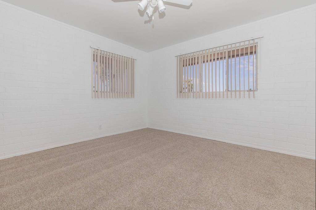 A room with a carpeted floor and two windows with blinds.