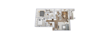 A detailed 3D floor plan of a modern apartment layout.