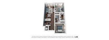A floor plan of an apartment with a living room, kitchen, dining area, and bedrooms.