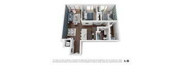 A floor plan of an apartment with a kitchen, living room, bedrooms and bathrooms.