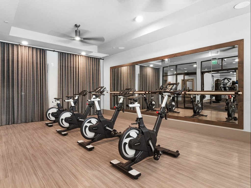 a gym with a row of exercise bikes in it