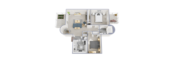 A 3D floor plan of a house with a kitchen, living room, and bedrooms.