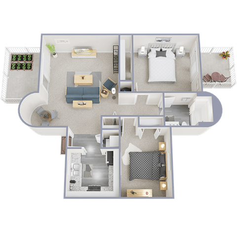 A 3D floor plan of a house with a kitchen, living room, and bedrooms.