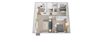 A floor plan of a small apartment with a bedroom, living room, and kitchen.