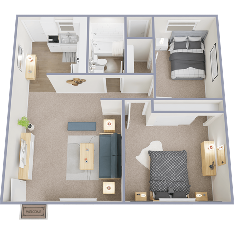 A floor plan of a small apartment with a bedroom, living room, and kitchen.