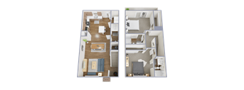 A floor plan of a two-bedroom apartment with a living room, kitchen, and bathroom.