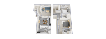 Two floor plans of a house with a living room, kitchen, and bedrooms.