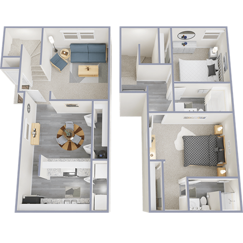 Two floor plans of a house with a living room, kitchen, and bedrooms.