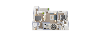 A 3D floor plan of a house with a living room, kitchen, and two bedrooms.