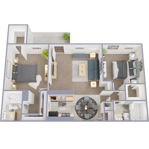 A 3D floor plan of a house with a living room, kitchen, and two bedrooms.
