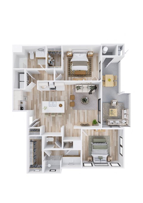 A top-down view of a small apartment with a kitchen, living room, and bedroom.