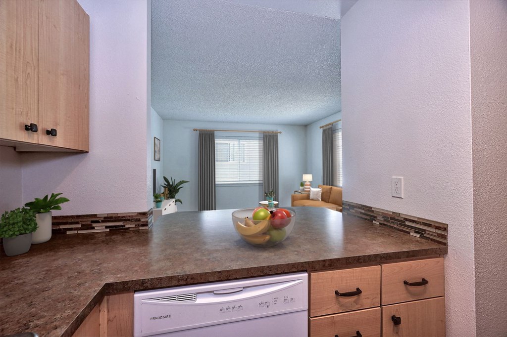 Parc Central_Vancouver WA_ Apartment staged kitchen looking at living room