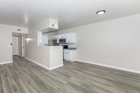 A kitchen with white cabinets and a microwave above the stove.