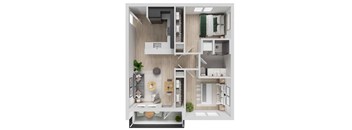 A 3D floor plan of a small apartment with a kitchen, living room, and bathroom.